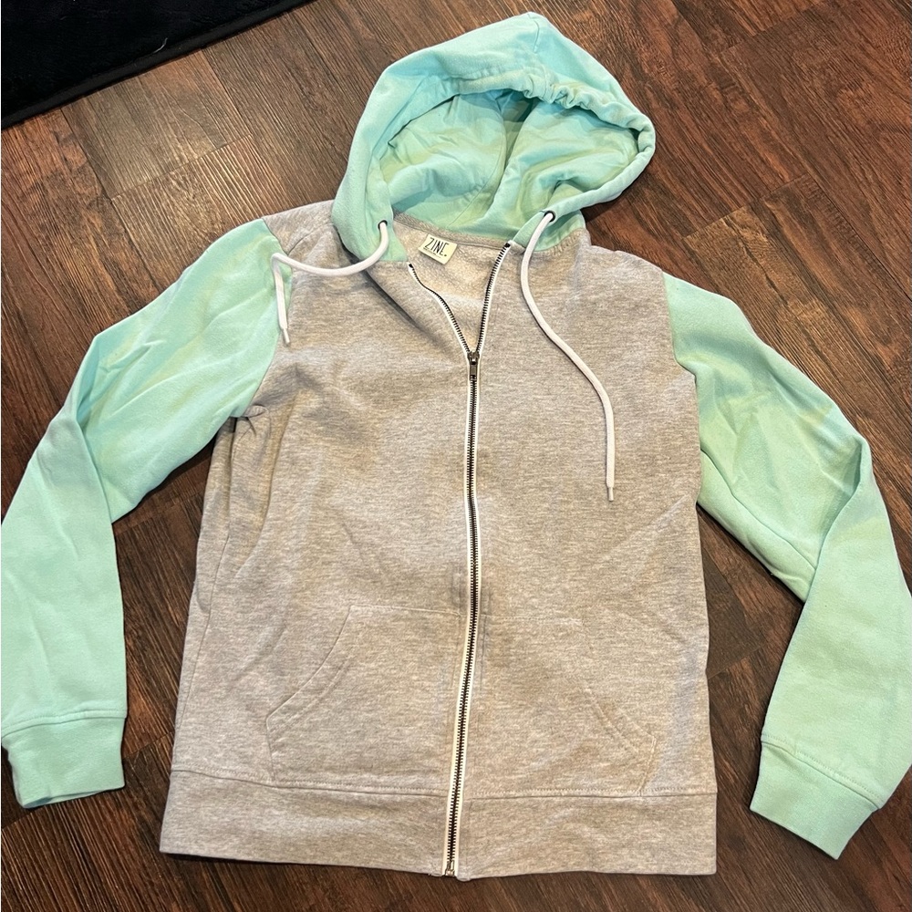 Gray and Mint Green Zip-Up Hoodie